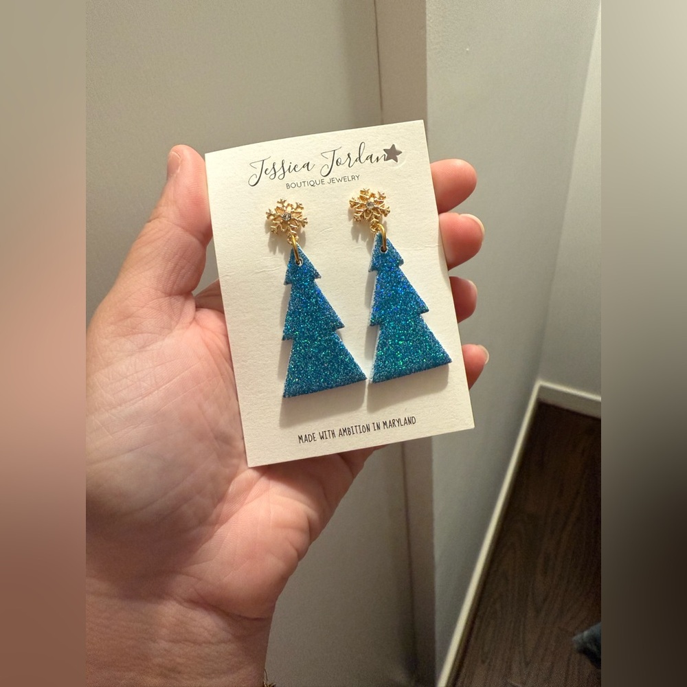 Jessica Jordan Blue Glitter Tree Earrings (Clay)